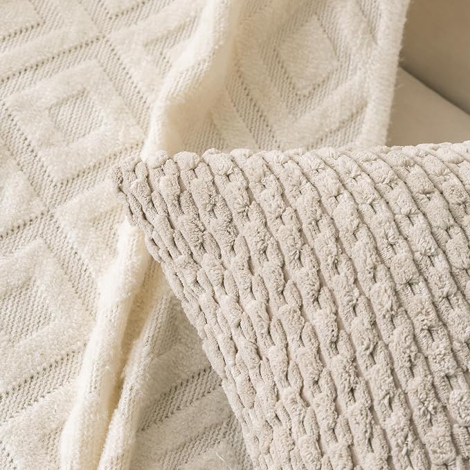 Set of 4 Navy White Taupe Decorative Throw Pillow Covers 18x18 Inch Corduroy Pillow Covers for Bed Couch Sofa Living Room Soft Square Cushion Cases