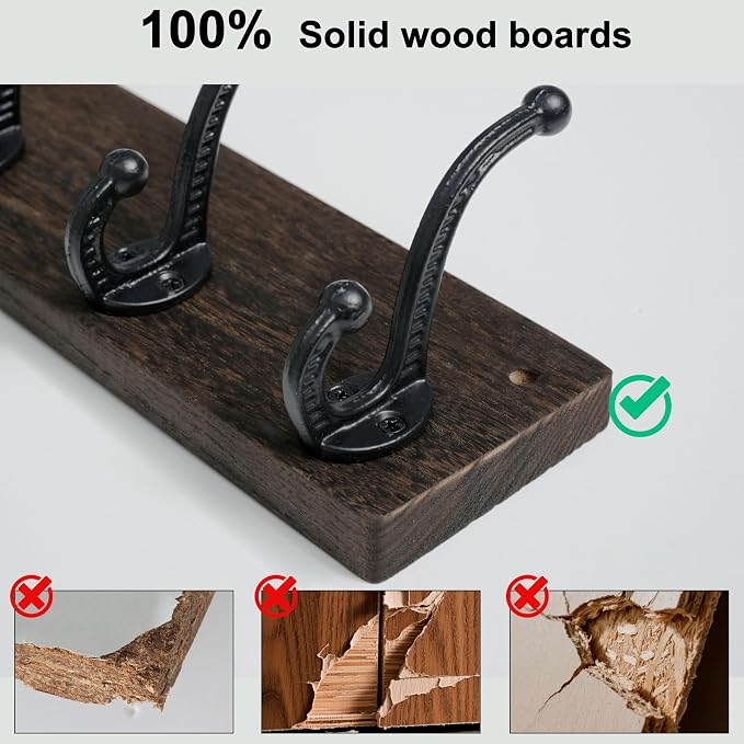 WEBI Rustic Coat Rack Wall Mount,24" Long 6 Cast Iron Coat Hooks Wall Mounted,Heavy Duty Wood Wall Coat Hanger Hooks for Hanging Coats,Jacket,Clothes,Backpack,Farmhouse,Weathered Brown,2 Packs