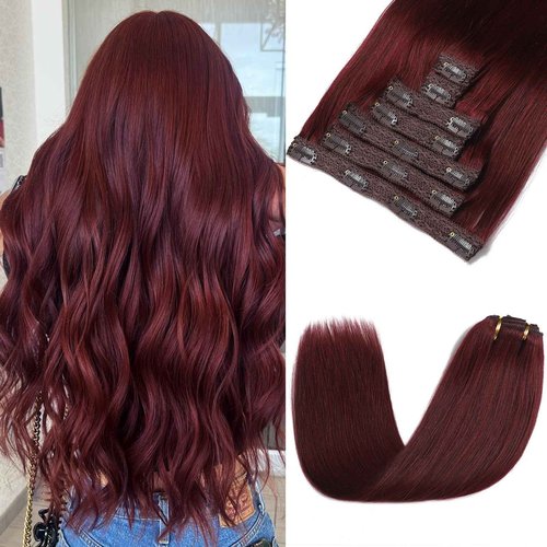 Rimoss Clip in Hair Extensions Real Human Hair - Burgundy Red Color, 24 Inch 7pcs - Soft Remy Human Hair Clip in Hair Extensions Straight for Women (#99J 24 Inch)