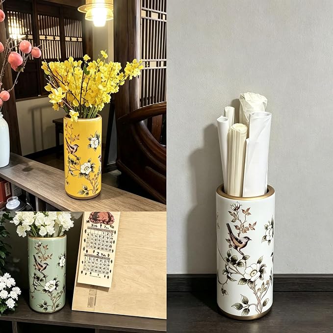 Ceramic Entryway Umbrella Stand,Handmade Appliques Chinese Umbrella Stand Barrels,Vintage Floor Standing Cane Holder Placed & Flower Vases for Hotel Office Home Entrance,A,17.3in