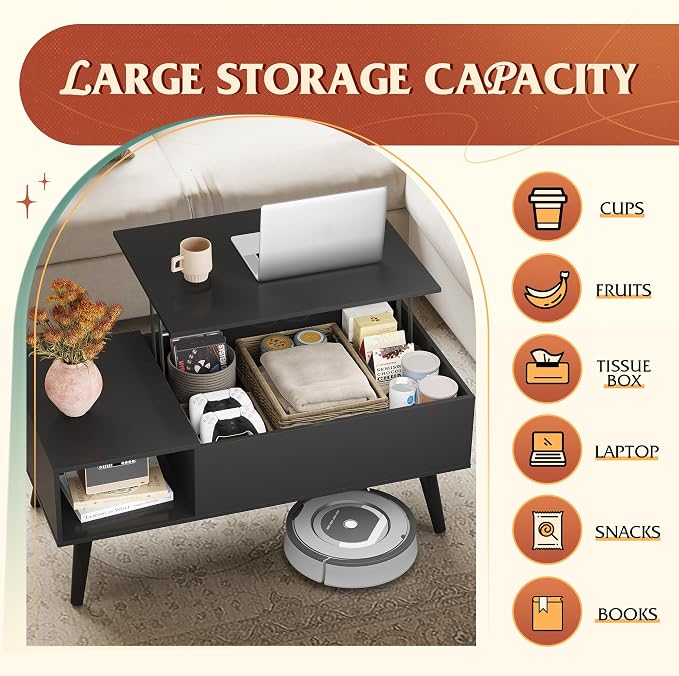 WLIVE Coffee Table for Living Room, Lift Top Coffee Table with Storage, Small Rising Wooden Dining Center Table with Storage Shelf & Hidden Compartment, 39" Black