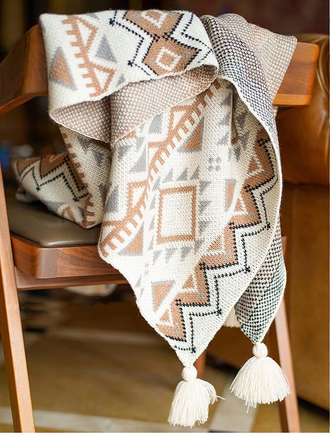 Boho Throw Blanket, Knitted Brown Tassel Throw Blankets, Soft Lightweight Vintage Tan Throw Blanket for Sofa Couch Bed and Living Room- All Seasons (50x60 Inch)
