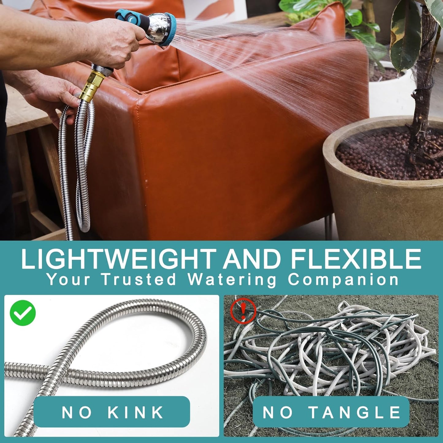 50FT 5/8'' Garden Hose, 304 Stainless Steel Water Hose, Flexible with a 10-Mode Nozzle Sprayer, No Kink, Lightweight, Puncture Proof Metal Hose, Ideal for Yard, Lawn, Outdoor