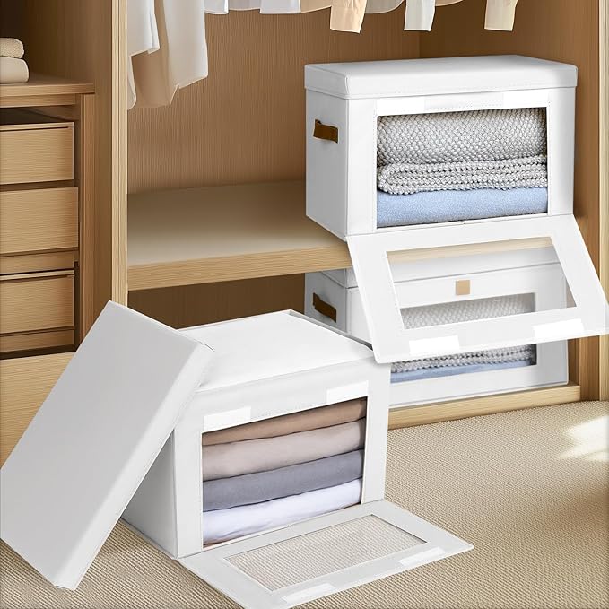 Homsorout Large Closet Storage Bins - Collapsible Clothes Organizer with Handles & Window, Decorative Boxes with Lids, Linen Closet Organizers for Living Room, Dorm, 8 Pack, White