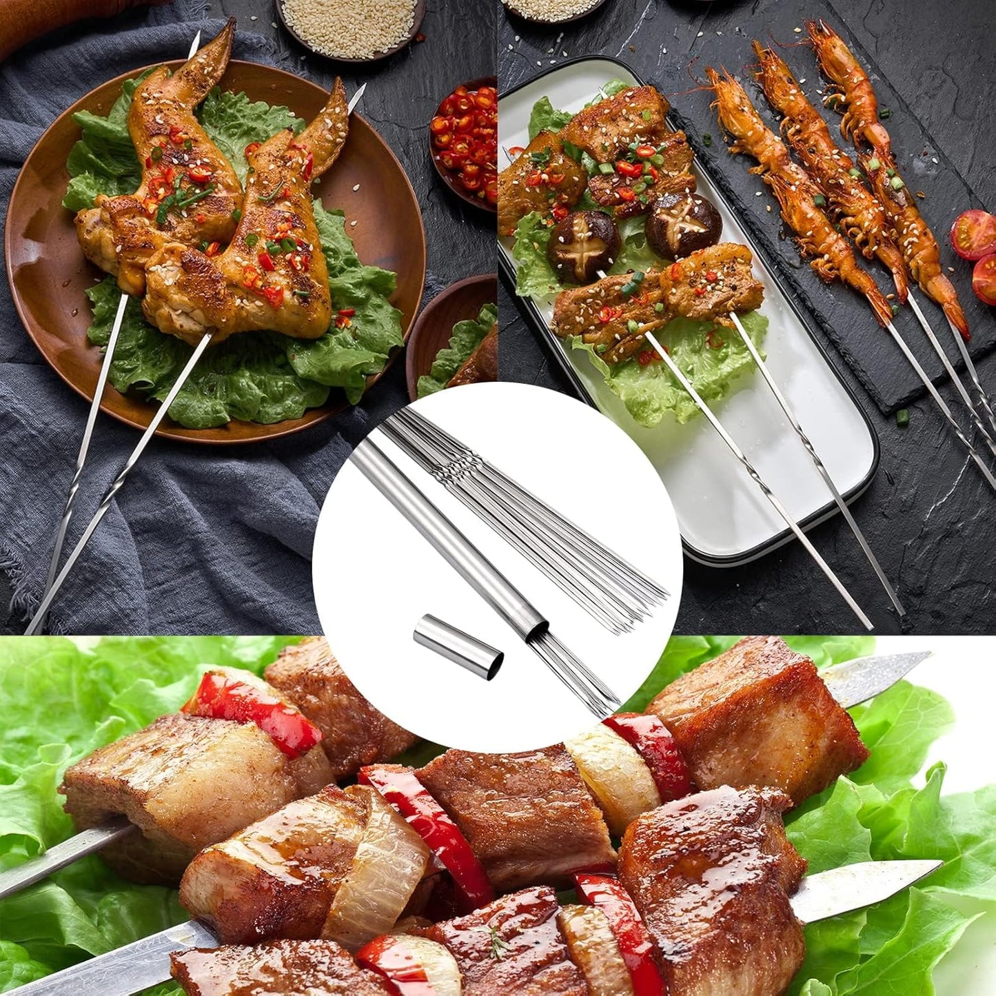 304 Stainless Steel 14.8" Long Flat Barbecue Skewers,20PCS/40PCS BBQ Kebab Skewers with Portable Metal Storage Tube,Reusable for Grilling Barbecue Kitchen Party and Outdoor Cooking (40PCS)