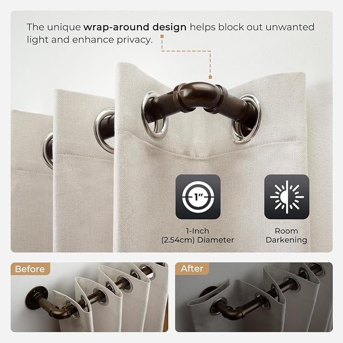 Zeerobee Curtain Rods for Windows 120 to 240, 1 Inch Industrial Wrap Around Antique Bronze Curtain Rod, Indoor/Outdoor Room Divider Adjustable Drapery Pole, 120"-240"