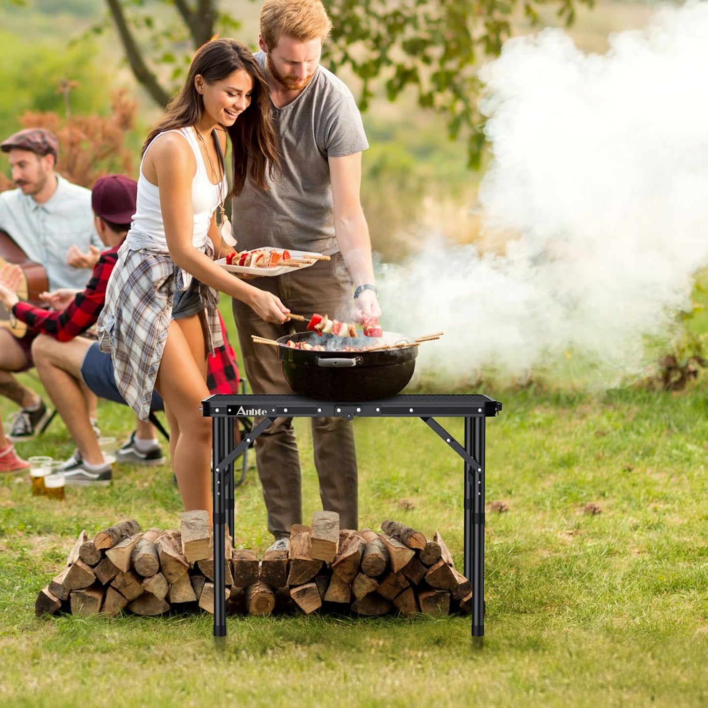 Folding Grill Table, Aluminum Camping Table Adjustable Height Max 27.5" Picnic Table Outdoor Table, Lightweight, Portable Handle for Travel Cooking BBQ Picnic, 22.8" x 16", Black