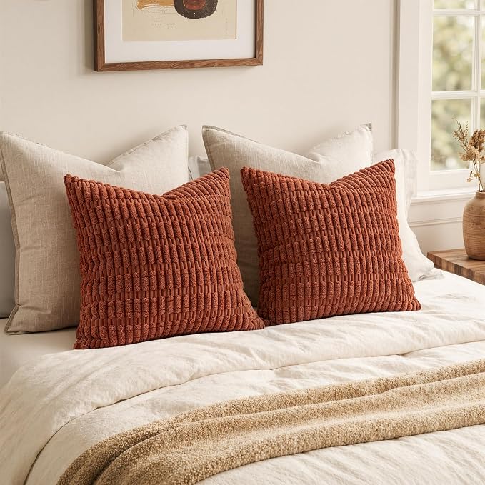 MIULEE Pack of 2 Rust Corduroy Decorative Pillow Covers 12x12 Inch Soft Boho Striped Throw Pillow Covers Modern Farmhouse Home Decor for Summer Sofa Living Room Couch Bed