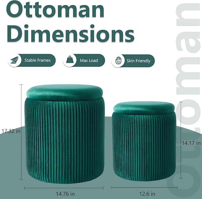 Royal Windsor Round Ottoman with Storage Set of 2,Vanity Stool with Storage for Bedroom, Ottoman Coffee Table, Small Velvet Foot Stool for Living Room, Green
