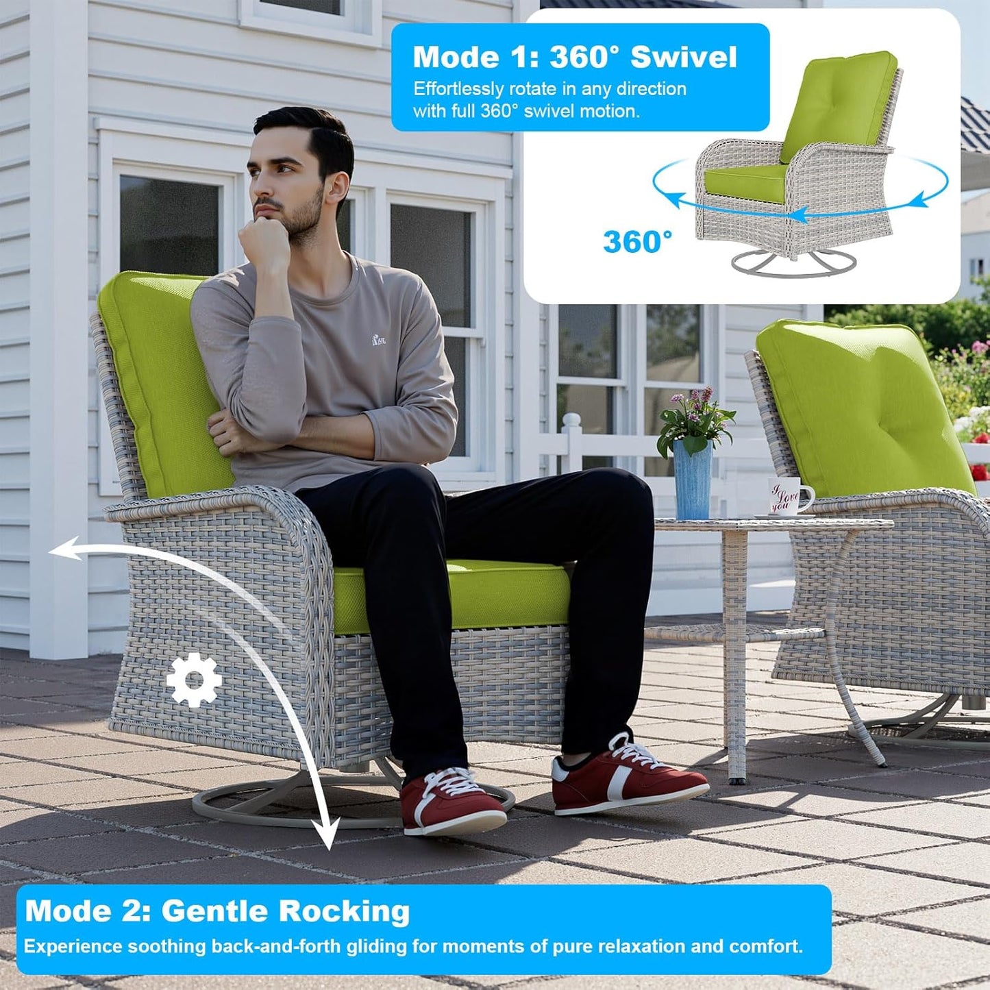 17-Piece Patio Furniture Set, Outdoor Patio Furniture with Swivel Chairs Set, Thick Cushions, Modular Patio Sofa, Dual-Strand Rattan, Rust-Resistant Frame, Grass Green