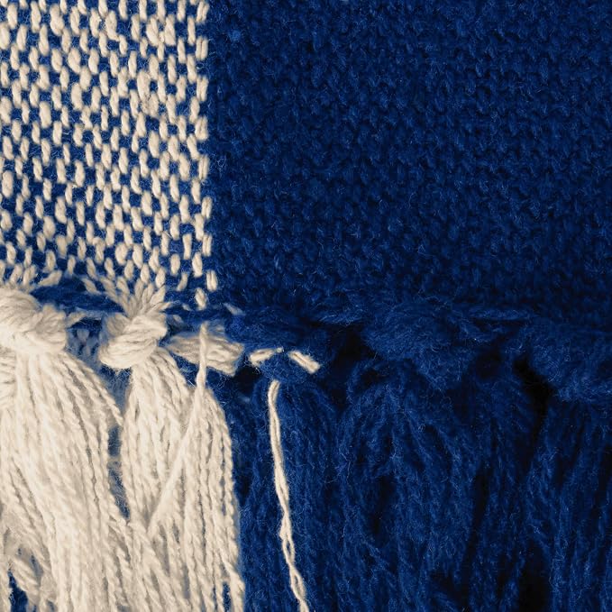 DII Buffalo Check Collection Rustic Farmhouse Throw Blanket with Tassles, 50x60, Navy/Off-White