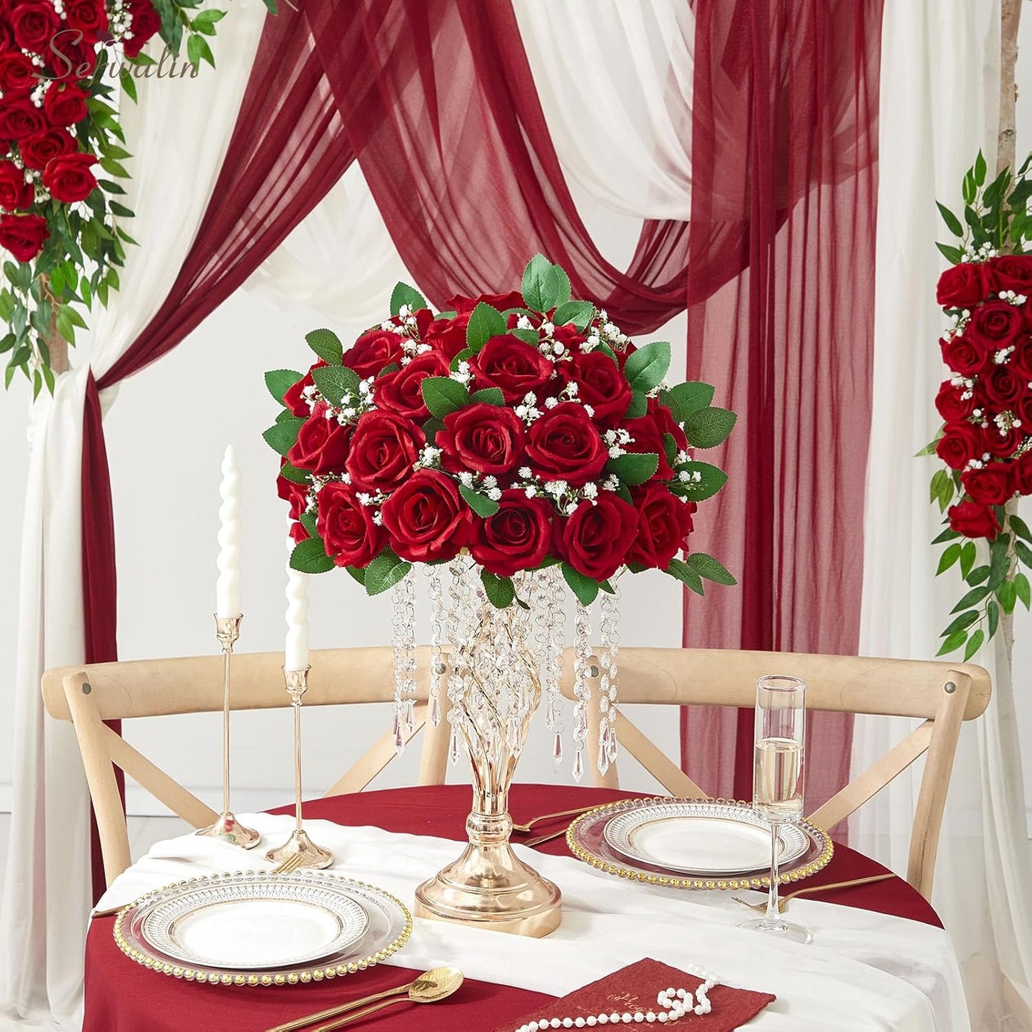 Serwalin 60 PCS Red Artificial Roses Bulk, Realistic Silk Fake Roses for Bridal Bouquet Wedding Centerpieces Table Arrangement Party Home Decor