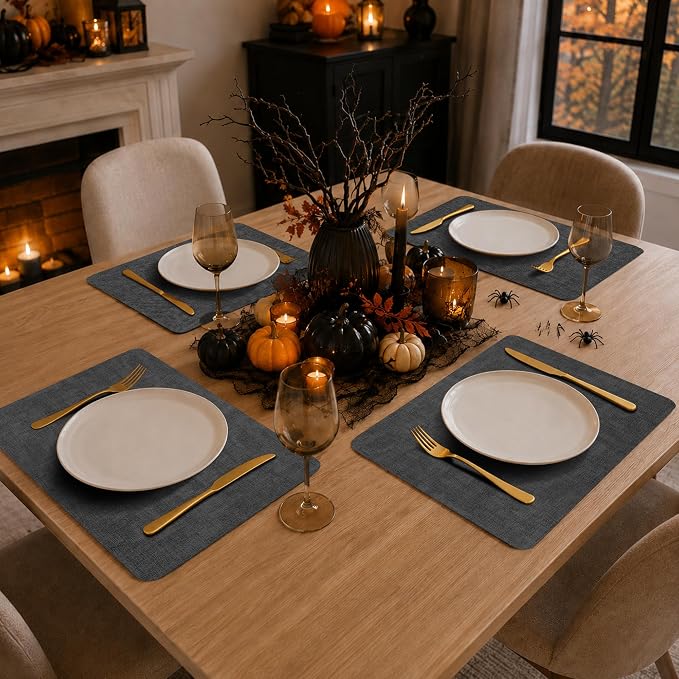 Maxpearl Faux Leather Placemats Set of 6 - Waterproof - Wipe Clean - Heat Resistant - Anti Slip Dining Table Place Mats, Suitable for Indoor & Outdoor Use, 17’’×12’’, Black