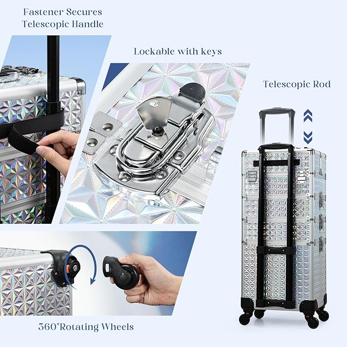 Stagiant Rolling Makeup Case Cosmetology Case on Wheels 4 in 1 Large Cosmetic Organizer Train Case Makeup Travel Case with Key Nail Artist Salon Storage Traveling Cart Big Trunk Shiny Silver