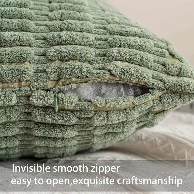 Aegero Pack of 2 Corduroy Decorative Throw Pillow Covers 16x16 Inch Soft Striped Pillow Covers Modern Farmhouse Home Decor for Sofa Living Room Couch Bed（Sage Green）