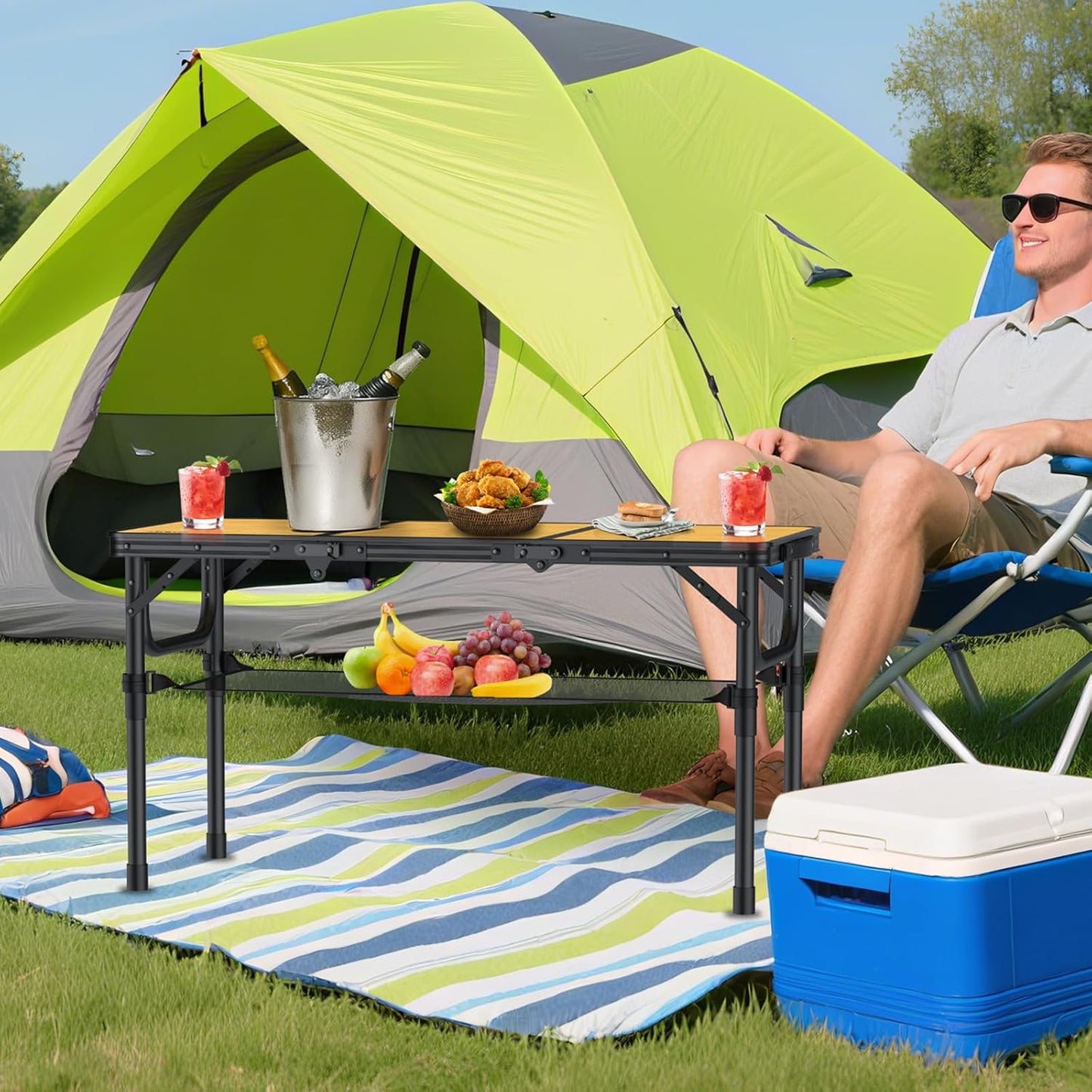3ft Camping Table Foldable with Storage Net and Bag, 3 Adjustable Heights High 27.5" Aluminum Camping Table, Portable, for Outdoor Indoor Backyard BBQ Cooking Party Picnic Beach, Yellow