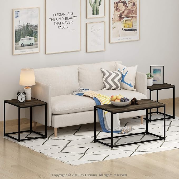 Furinno Camus Modern Living Room Coffee Table with 2 End Tables Set, Columbia Walnut