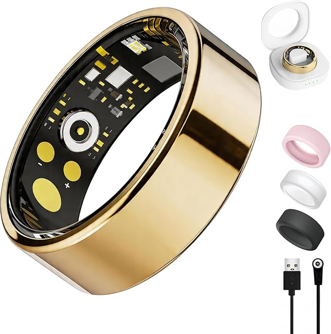 Smart Ring for Women Men, Health Tracker with Heart Rate/Blood Oxygen/Blood Pressure/Sleep Monitoring/Step Counting, IP68 Waterproof Fitness Ring, No App Fees for iPhone & Android (Gold, 9#)