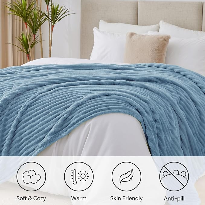 BEDELITE Blankets Queen Size for Bed, 300GSM Soft & Warm Fleece Blanket, Decorative and Giftable Striped Light Blue Blankets for Women, Men, 90"x90"