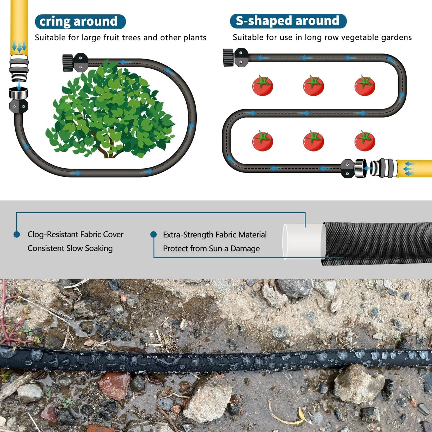 Flat Soaker Hoses for Garden 100 ft 2Pack, Cloth Soaker Hose 200 ft for Efficient & Effective Watering – Garden Soaking Drip Hoses Heavy Duty & Easy to Install(100ftx2)