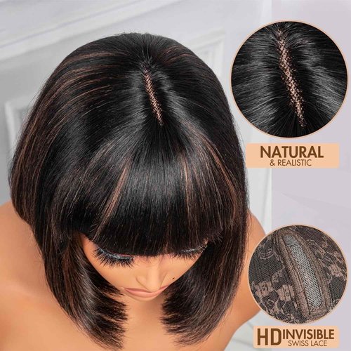 FFEGG Bob Wig with Bangs Human Hair Glueless HD Lace Straight Short Bob Wig with Brown Highlights, Ready to Go Short Wigs For Women （12 Inch bob wig）