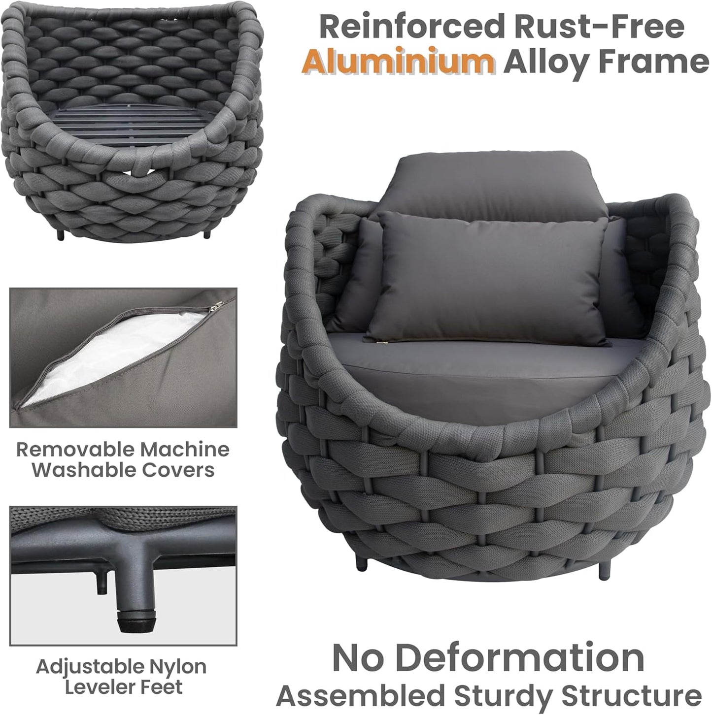 Aluminum Outdoor Seating Set: 5-Piece Woven Rope Patio Conversation Set of 6 - Metal Sofa Set Assembled Cushioned - Modern Couch Porch Furniture for Deck Lanai Balcony Yard Pool Hotel, Dark Gray
