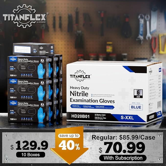 TitanFlex Nitrile Exam Gloves, Blue, 6-mil, Heavy Duty Nitrile Gloves, Mechanic Disposable Gloves, Latex Free, Powder Free