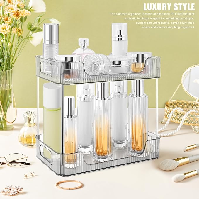 2-Tier Bathroom Counter Organizer Countertop Storage, Dresser Organizer Vanity Tray for Makeup, Perfume Organizer Cosmetics Skincare Shelf - Grey