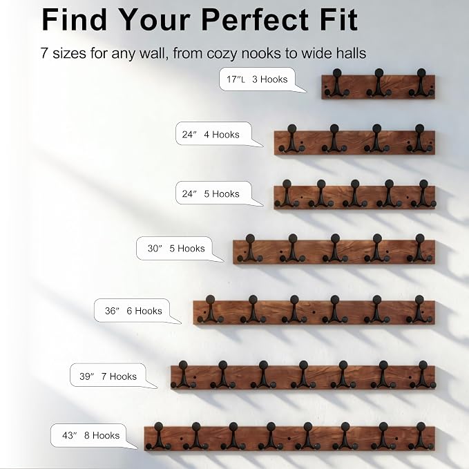 SKOLOO 43-Inch Wood Coat Rack Wall Mount with 8 Triple Hooks - Ideal for Family Entrances, Classrooms, and Pet Supplies Storage - Perfect Coat Hooks for Wall,Mahogany (Sapele), Pack of 2