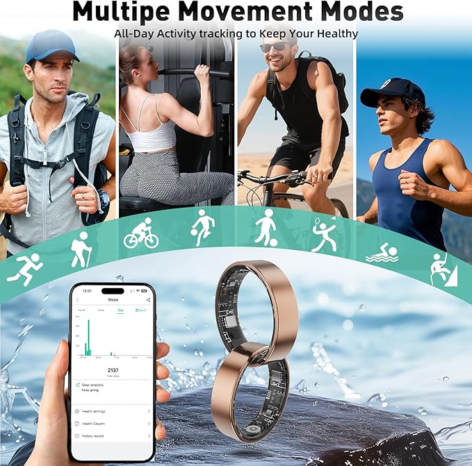 Smart Ring with Sleep Monitoring, Step Counting, Heart Rate, Blood Oxygen for iOS and Android, No Subscription Fee, IP68 Waterproof Health Tracker (Silver, 8)