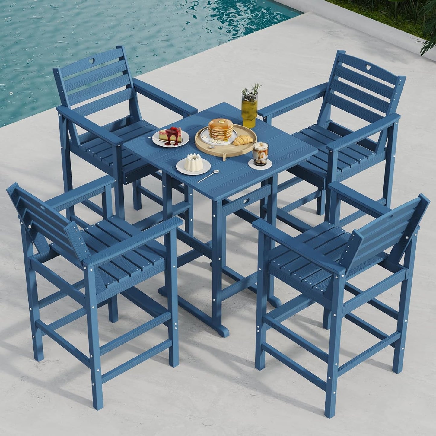 Tall Adirondack Chairs Set of 4, HDPE Wood Balcony Adirondack Chairs Set with Heart Cutout Design, Weather-Resistant Bar Height Furniture for Deck, Porch, Pool (Navy Blue)