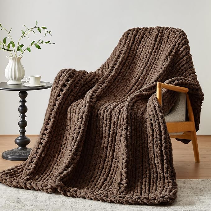 Negwoo Chunky Knit Throw Blanket, 30''*40'' Knitted Throw Chenille Yarn for Bed Couch, Handmade Dark Brown Crochet Big Thick Blanket, Machine Washable Cute Comfy Blanket for Home Decor
