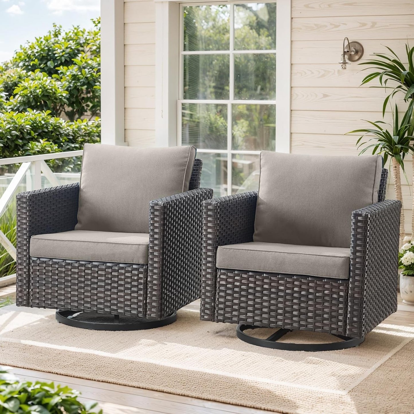 HUMMUH Patio Swivel Chairs Set of 2,PE Wicker Outdoor Rocker Chairs Bistro Set Porch Balcony Furniture with Cushions