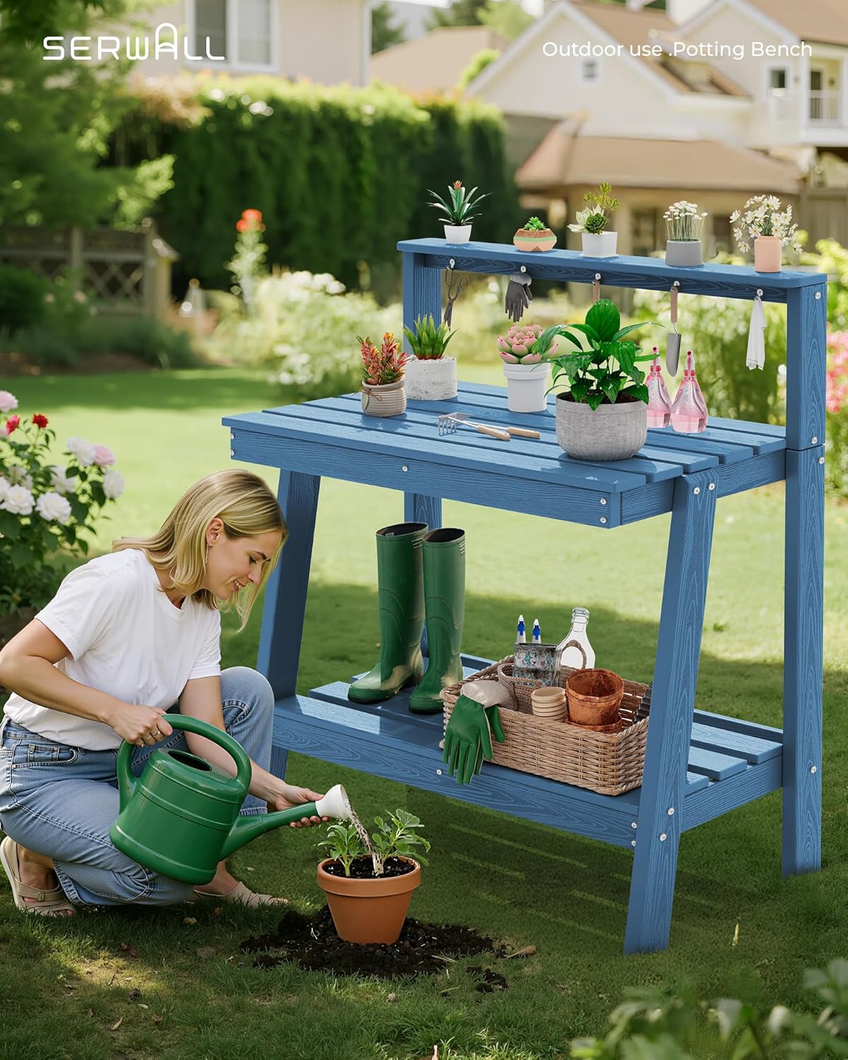 SERWALL Potting Bench Outdoor with Storage Set of 2, 3-Tier HDPE Gardening Table with Angled Legs & Tool Hooks, All-Weather Heavy Duty Potting Table for Patio, Backyard, Garden, Blue