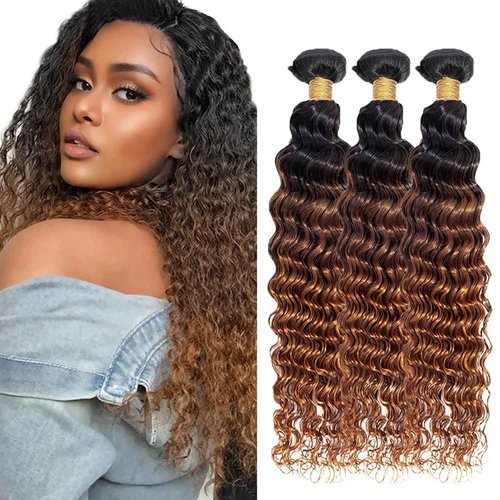 Habiliana Bundles Human Hair 24 26 28 Inch Omber Deep Wave Human Hair Bundles Natural Chocolate Brown T1B/4/30 11A Unprocessed Brazilian Virgin Quick Weave Hair Extensions for Black Women