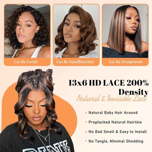 Afribye 13x6 Highlight Body Wave Lace Front Wigs Human Hair 200% Density FB/30 Ombre Frontal Wigs Human Hair Pre Plucked Short Wigs for Black Women Glueless Balayage HD Lace Wig Loose Wavy 14 inch