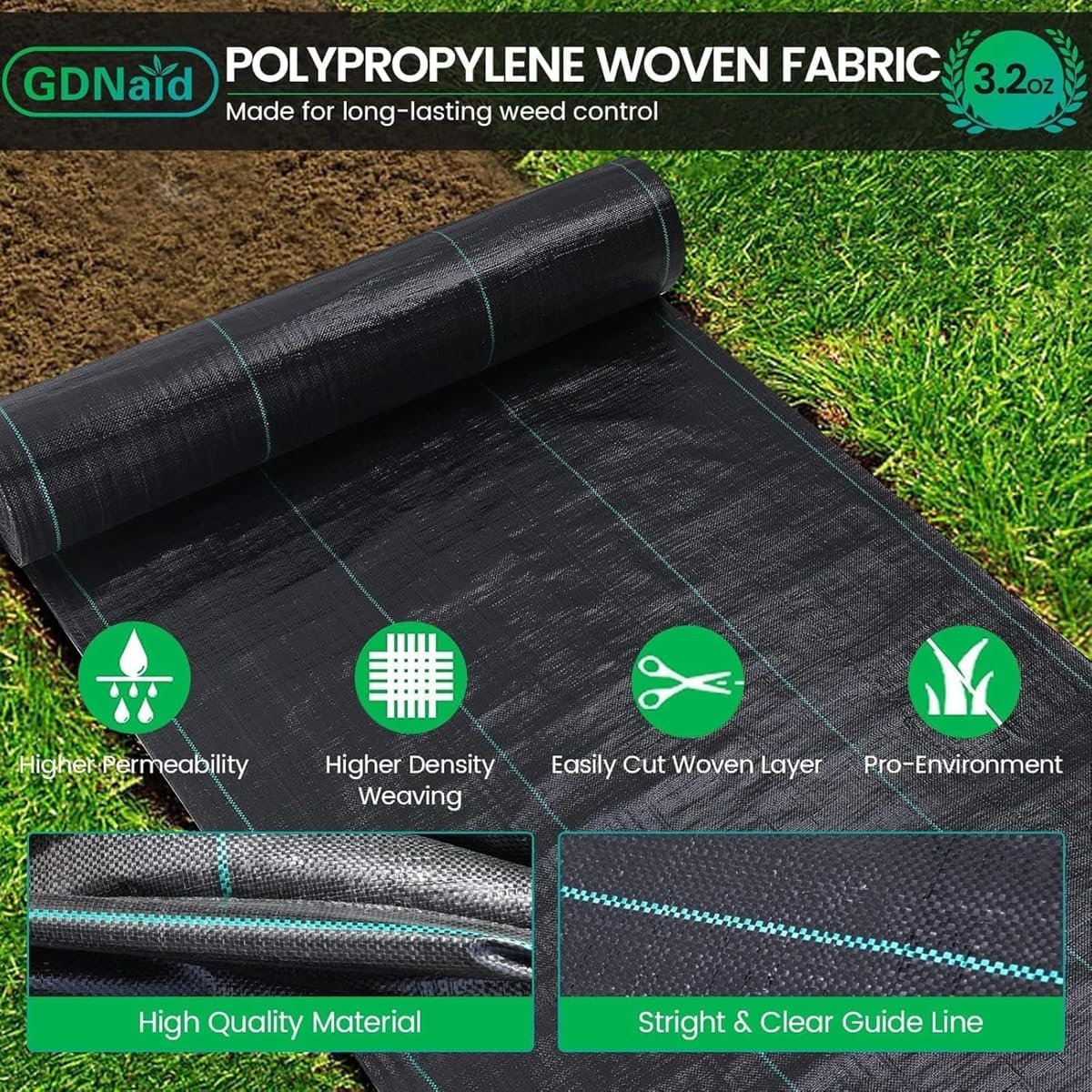 3ftx180ft Weed Barrier Landscape Fabric Heavy Duty, 3.2oz Weed Barrier Garden Fabric, Easy Setup Woven Landscaping Fabric