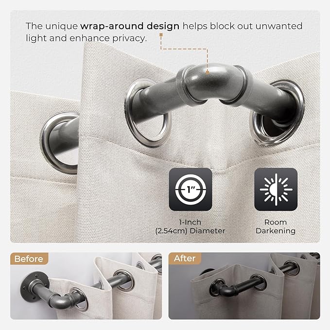 Zeerobee Curtain Rods for Windows 32 to 48, 1 Inch Industrial Wrap Around Grey Curtain Rod, Indoor/Outdoor Room Divider Adjustable Drapery Pole, 32"-48"