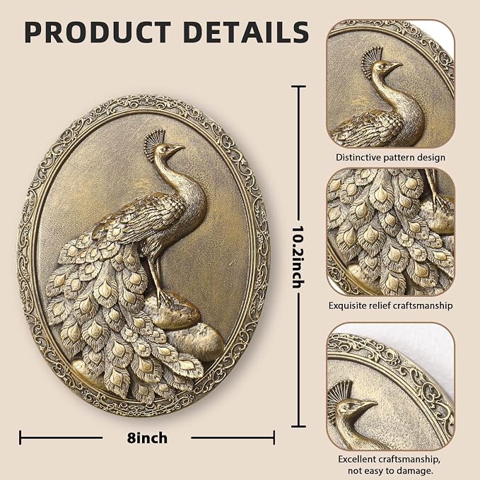 Newinhome Vintage Peacock Wall Sculpture Antique Wall Decor, Hand Painted Wall Decoration with Embossed Peacock Design, Gold Decor for Bedroom Living Room Hallway, Housewarming Gift