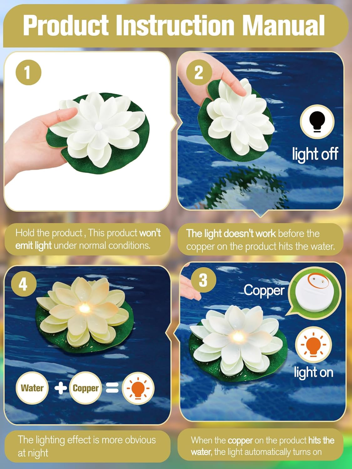 Hortsun 12 Pcs Floating Lotus Lights with Batteries Lily Pads Pool Flowers Diwali Pooja Decorations Floating Candles Decor for Pool Pond Outdoor Indoor(3.94 Inch,White)