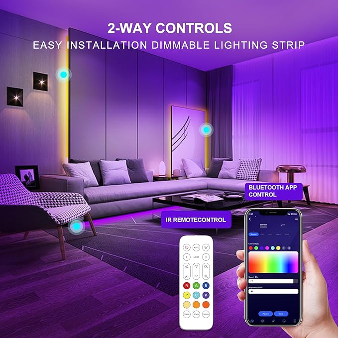 Pandery RGB COB LED Strip Light with Remote and app Control,Music Synchronized Color Change 24V RGB led Strip,16.4FT/5M,10mm Wide,Indoor RGB Lights for Bedroom,Game Room,Bar,Party