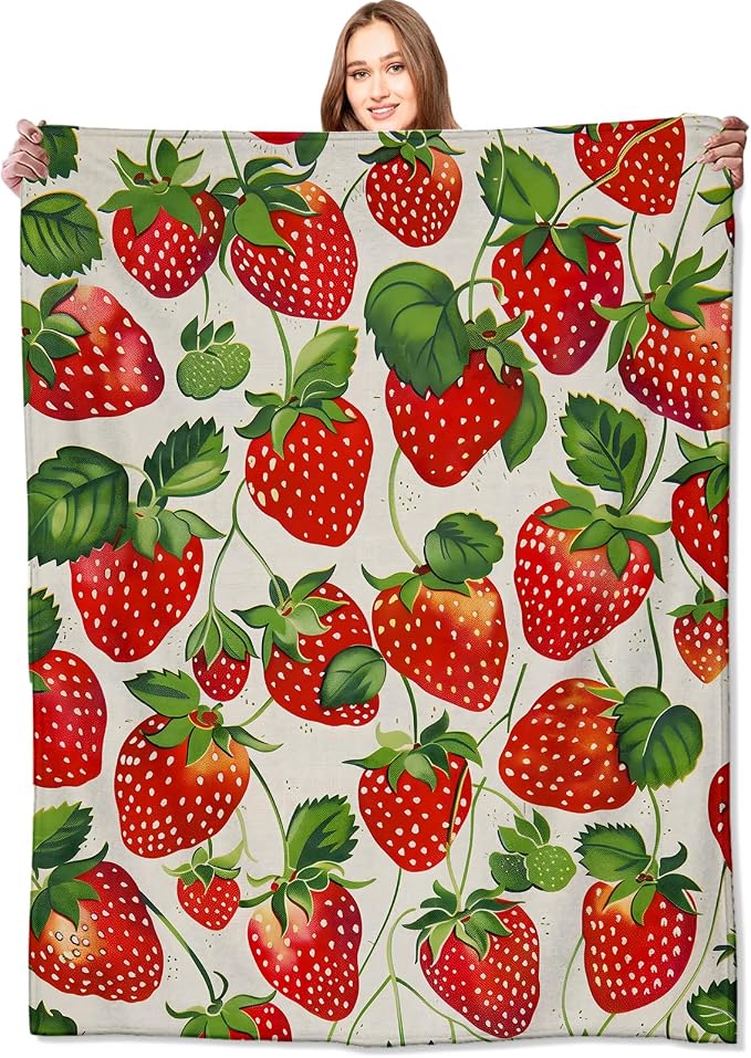 Strawberry Blanket Lush Red Strawberries Throw Blankets with Green Leaves,Birthday Gifts for Kids Adult Women,Lightweight Soft Fleece,for Sofa Couch Bed Room Farmhouse Decor 60x80in