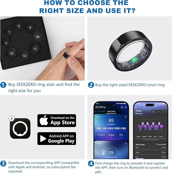 Smart Ring for Women Men, Titanium Fitness Ring with Heart Rate, Stress & Sleep Monitoring,Step & Calorie Counter, 5ATM Waterproof for iPhone and Android,No Subscription Fee (Black, 7)