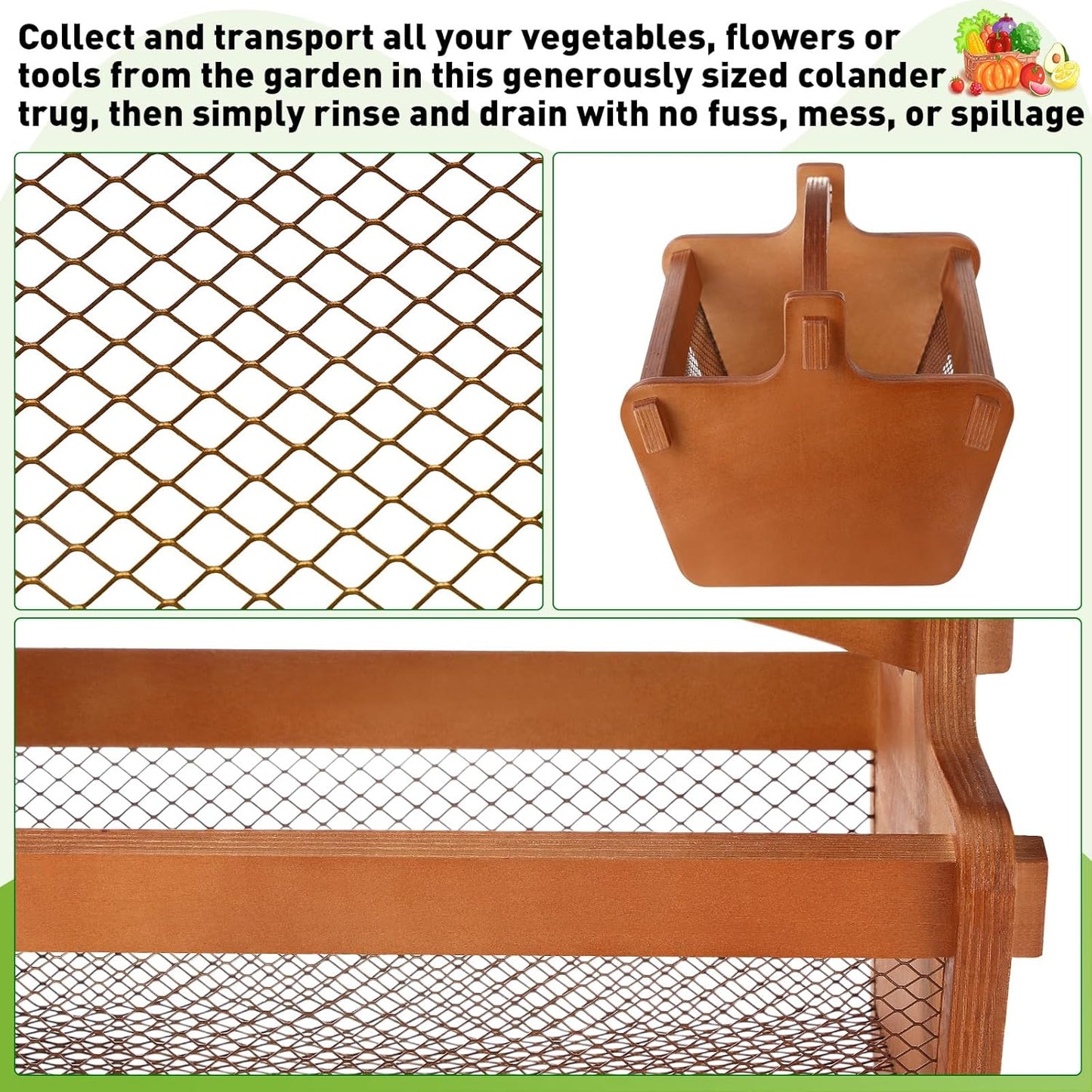 Garden Harvest Basket Mesh Storage with Handle Versatile Gardening Fruits Vegetables Gathering Basket Garden Supply Gardener Gift Spring for Washing Holding(Brown,19in)