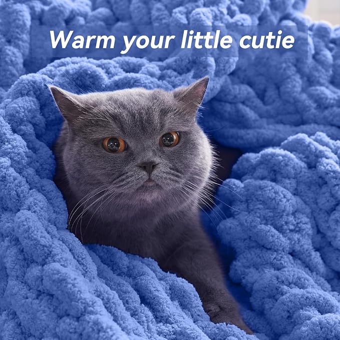 Negwoo Chunky Knit Throw Blanket, 60''*80'' Knitted Throw Chenille Yarn for Bed Couch, Handmade Light Blue Crochet Big Thick Blanket, Machine Washable Cute Comfy Blanket for Home Decor