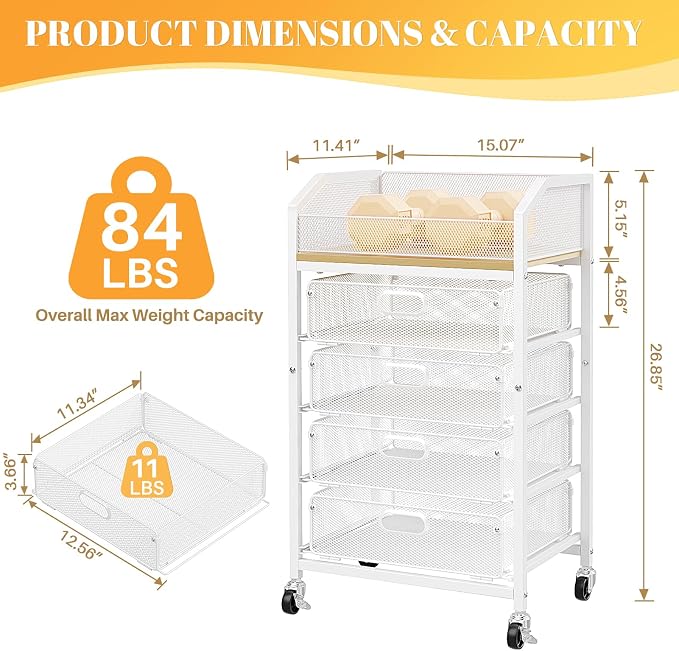 SUNALLY Makeup Organizer Cart with 4 Drawers, Rolling Makeup Storage Cart Metal Skincare Organizers, Large Vanity Storage Organizer Cosmetics Display Cases for Skin Care Perfume Nail Polish, White