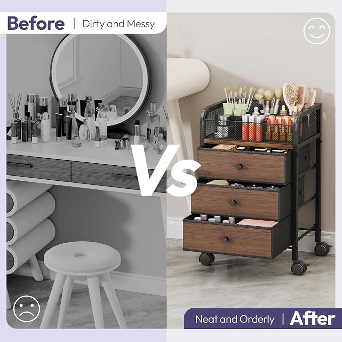 SWTYMIKI Rolling Makeup Organizer Cart - 14.96″*11.81″*23.03″ Widened Under Desk Vanity Storage with 3 Non-woven Drawers, Cosmetic Display Cases for Skin Care Perfume Nail Polish Brush Hair Tool Black