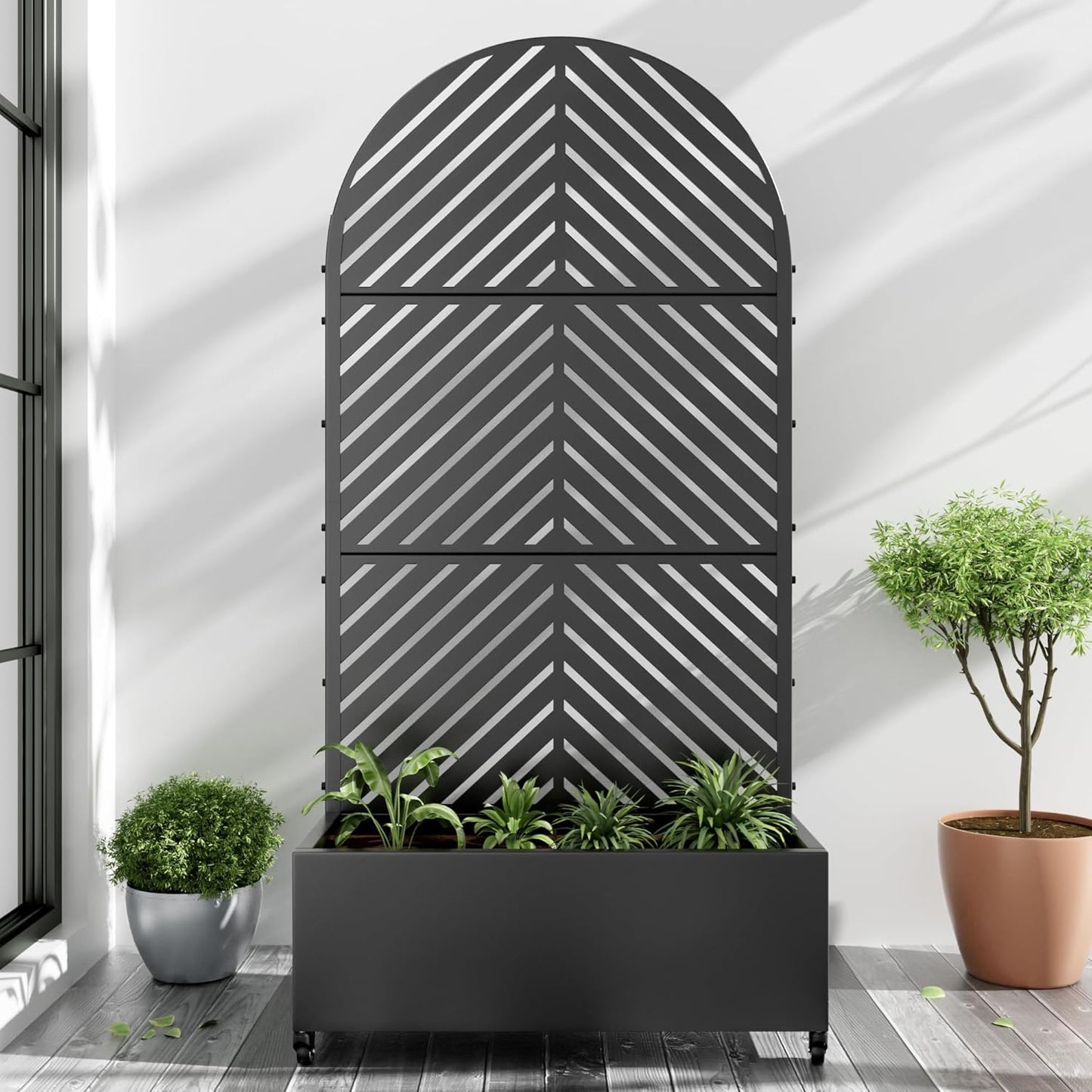 Casaphoria Metal Raised Garden Bed with Trellis and Wheels, 72"x35"x16" Arched Planter Box for Climbing Plants, Vegetables & Vines, Features Drainage Holes and Privacy Screen (Black-Parallel)
