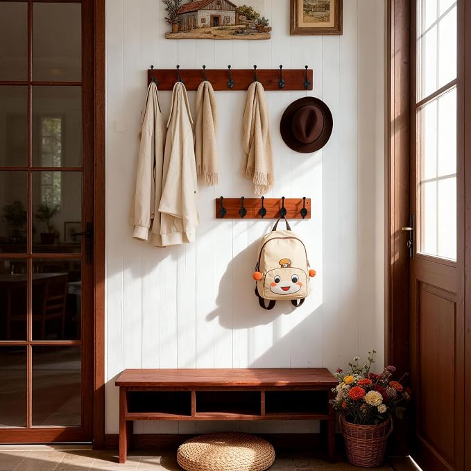 WEBI Rustic Coat Rack Wall Mount,30" Long 7 Cast Iron Coat Hooks Wall Mounted,Heavy Duty Wood Wall Coat Hanger Hooks for Hanging Coats,Jacket,Clothes,Backpack,Farmhouse,Cherry