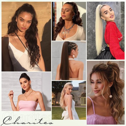 Charites Ponytail Extension, 16 Inch Claw Clip Ponytail Extension Human Hair Long Straight Jaw Clip in Real Hair Pony Tails Hairpieces for Women Natural Black